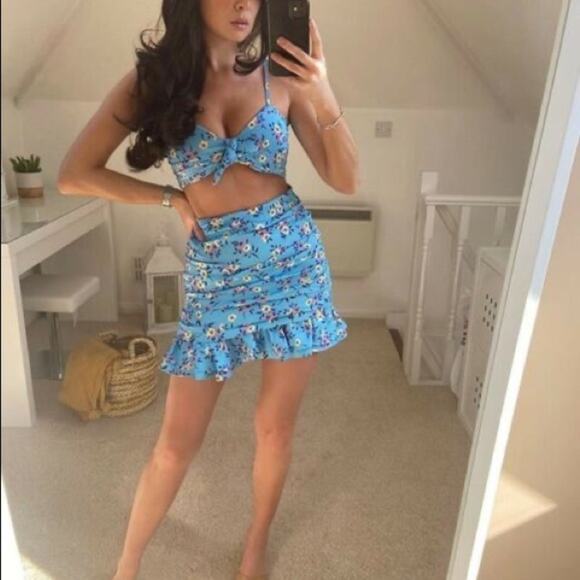 ZARA Blue Floral Print Crop Top With Knot Women’s Size XL Art. 3067/030 - Picture 1 of 11